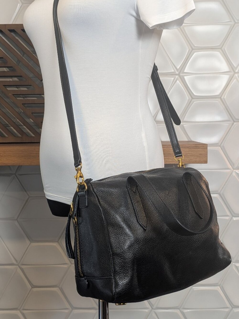 Fossil Sydney Satchel Black Pebbled Leather Crossbody Shoulder Bag Womens